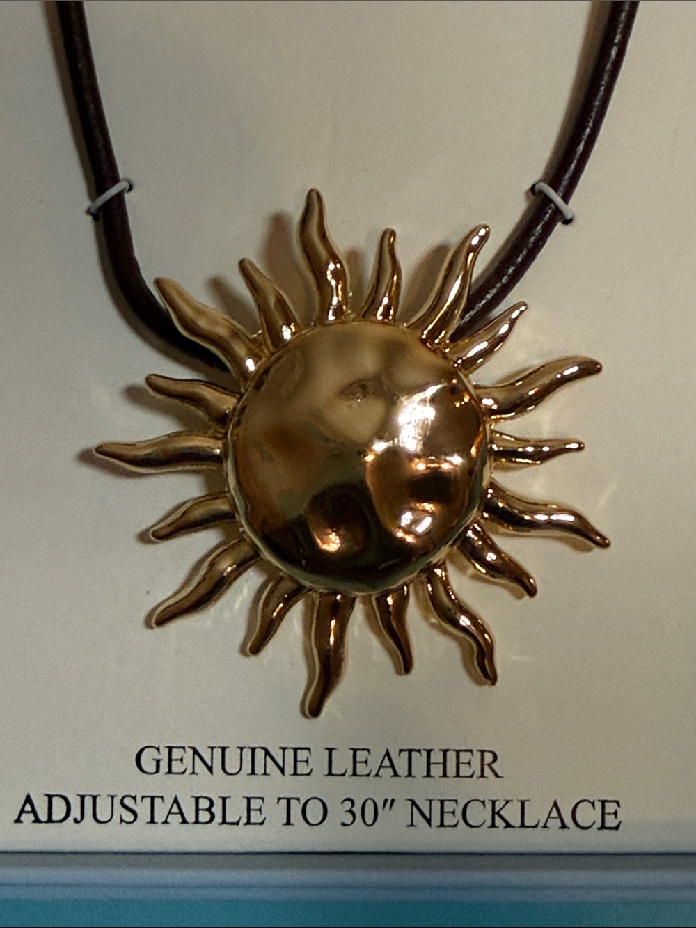 Atterri Gold Sun Pendant Necklace with Brown Leather Cord - Picture 4 of 4